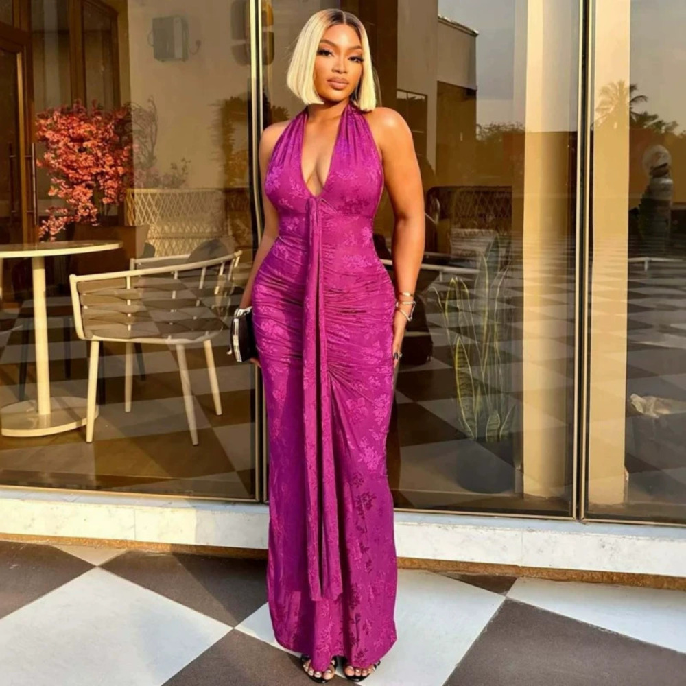 African Style Sleeveless Deep V Neck Sexy Jacquard Bodycon Maxi Dress